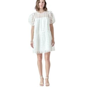 NEW English Factory Gridded Organza Puff Sleeve Mini Dress White Sz M NWT